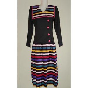 Vintage 80’s Go Vicki Dress Bold Black Pink 9 Shoulder Pads Drop Waist Made USA